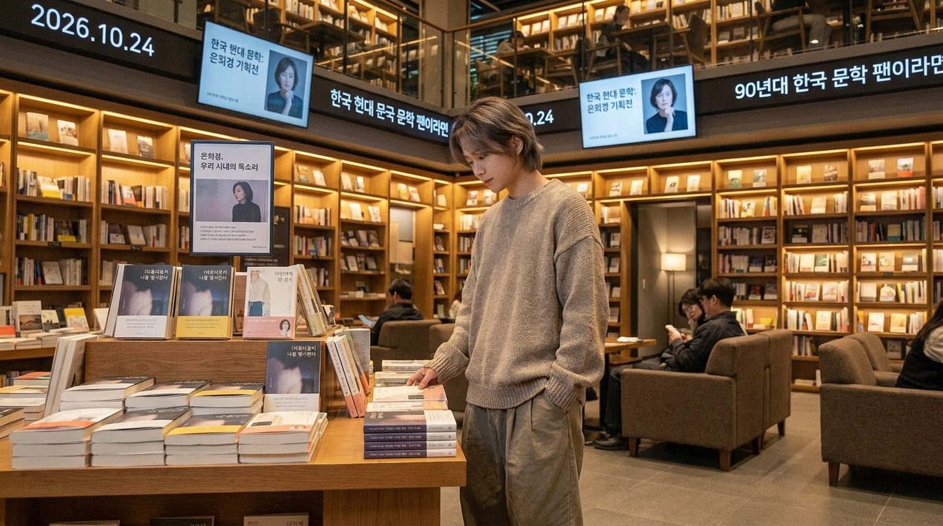 현대 한국 서점에서 은희경 소설 코너를 둘러보는 젊은 독자 모습과 도서 진열 전경