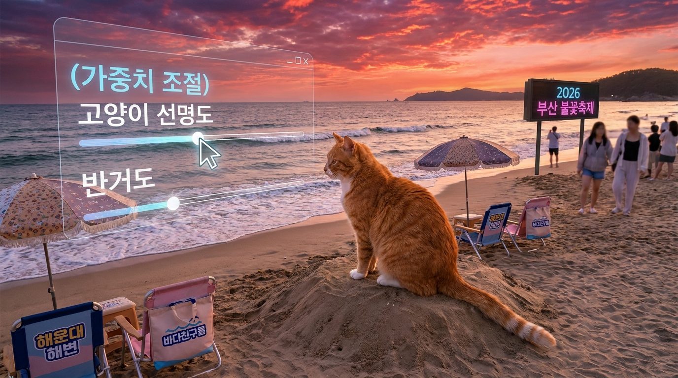 붉은 노을이 지는 해변에 앉아 있는 고양이와 가중치 조절 UI가 함께 보이는 개념적 이미지