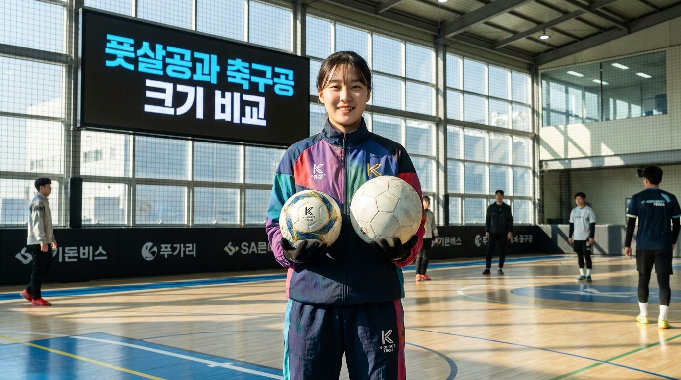풋살공 축구공 차이: 풋살공과 축구공의 크기 차이를 비교하는 한국 여성의 사진