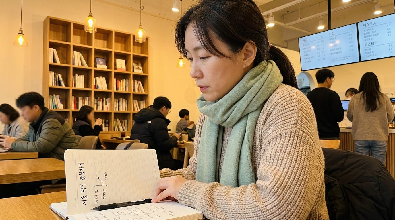 카페에서 서술 방식을 노트에 적으며 생각하는 한국 여성