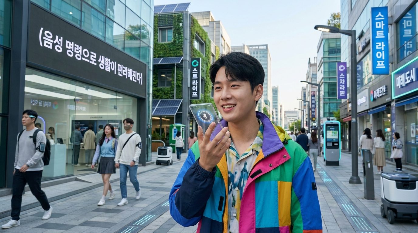 현대 2026년 한국 도시 거리에서 스마트폰 음성 비서를 사용하며 즐겁게 대화하는 젊은 한국 남성의 실사 이미지