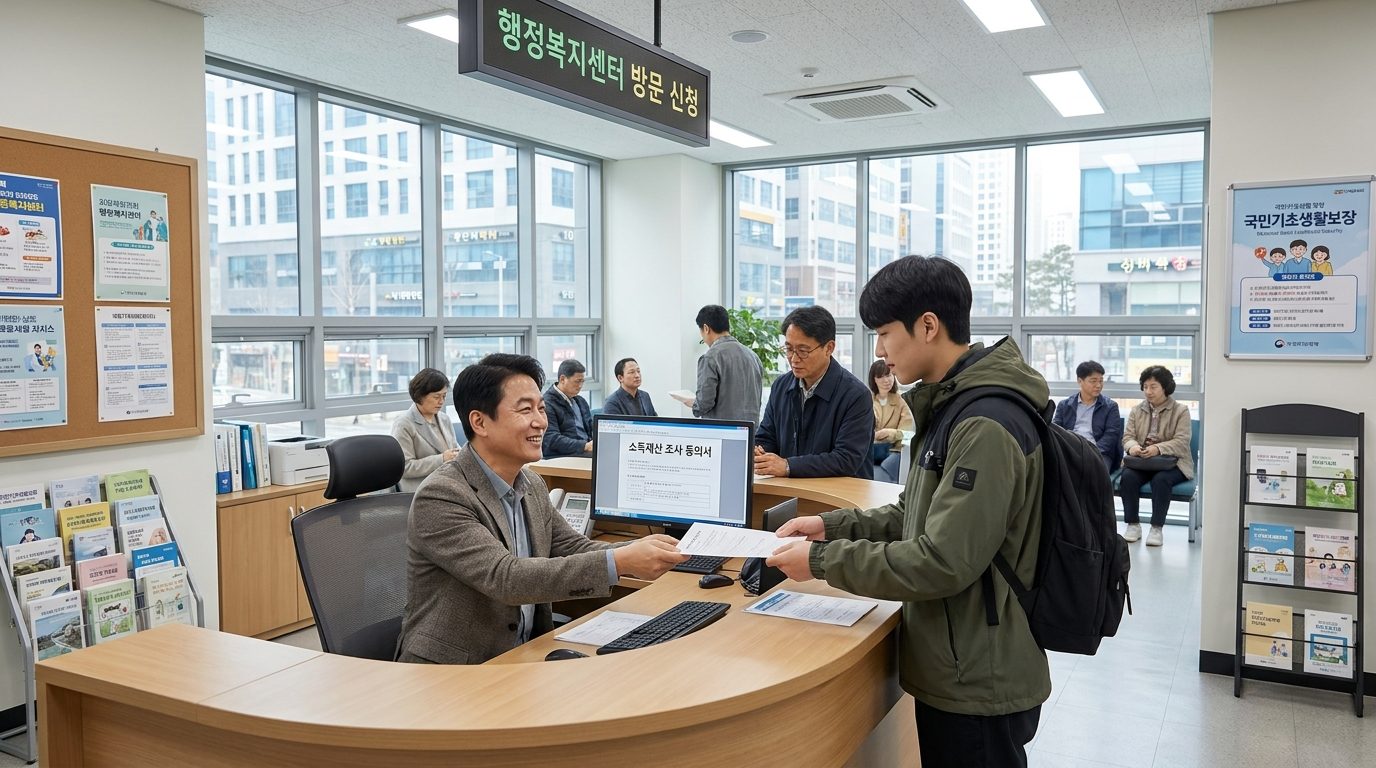 친절한 공무원과 상담하는 한국 기초생활수급자 신청자 모습