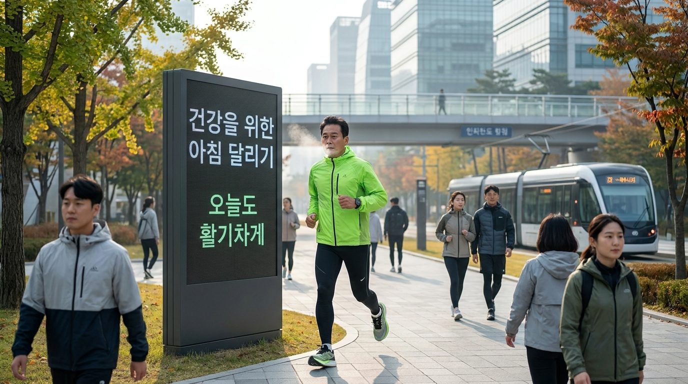아침 일찍 깨끗한 공기 속에서 러닝하는 40~60대 한국 남성의 모습
