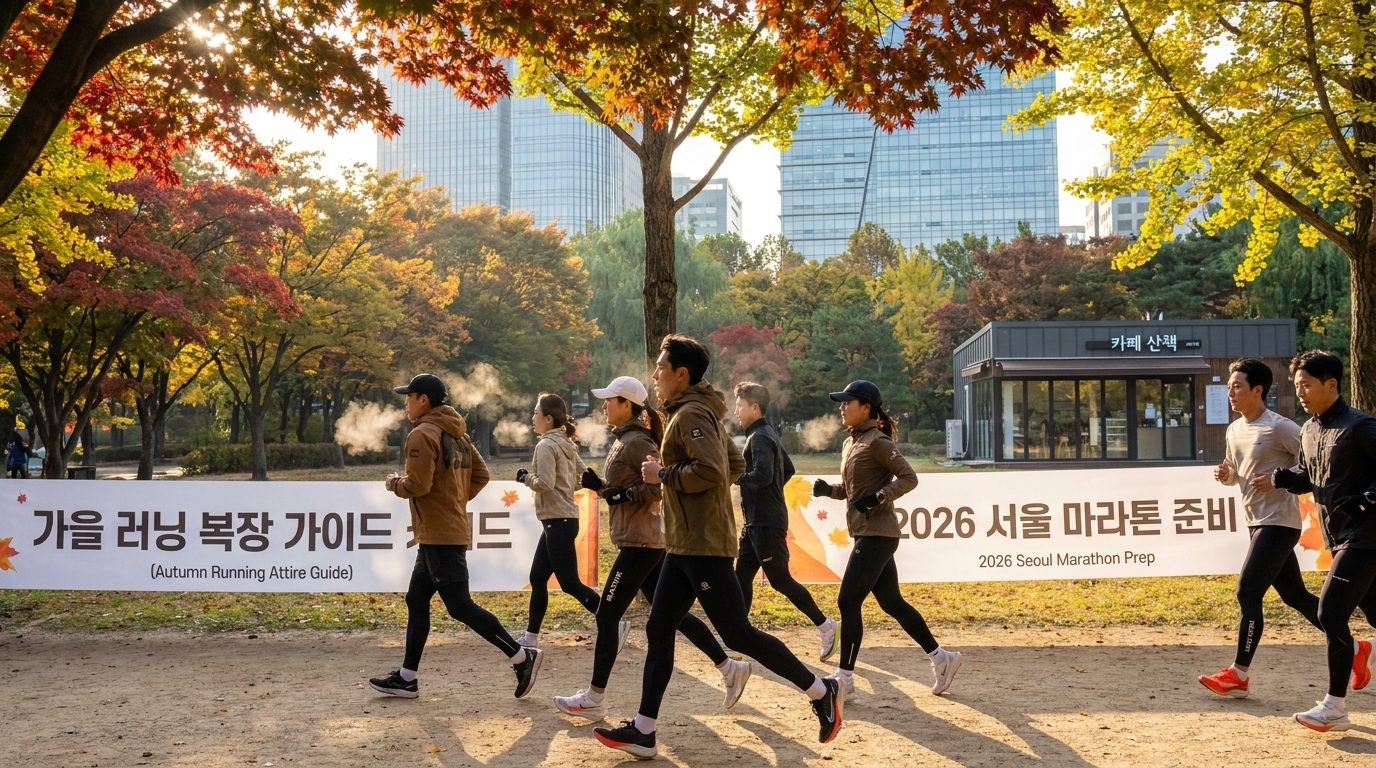 가을 아침 공원에서 다양한 기온대에 맞춘 가을 러닝 복장을 착용하고 역동적으로 달리는 한국인 러너들 모습