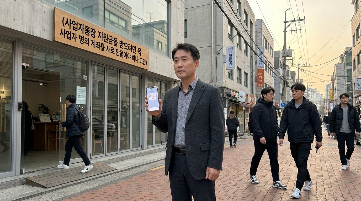 현대적인 2026년 대한민국의 소상공인이 스마트폰을 들여다보며 사업자 통장 관련 내용을 고민하는 모습, 배경에 한글 간판이 보임