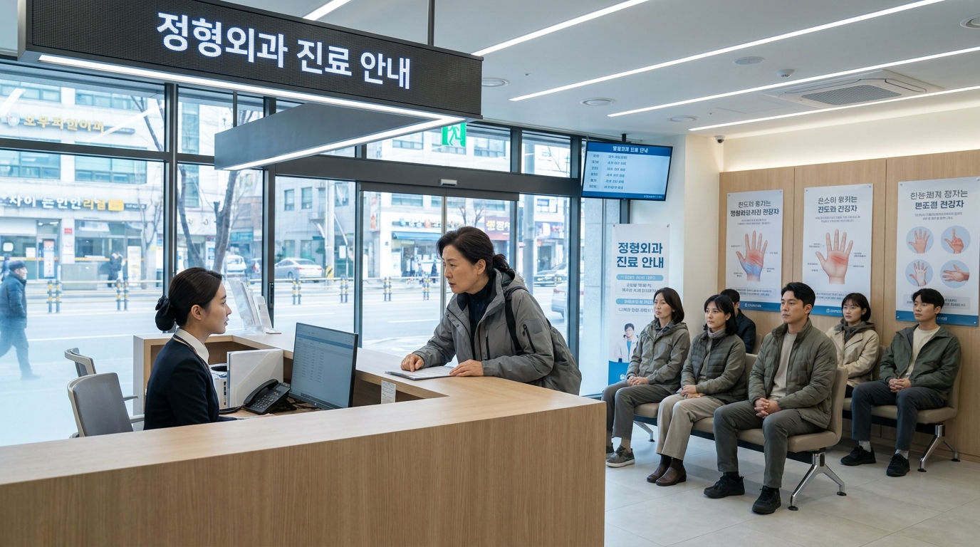 한국의 현대적인 정형외과 병원 접수처에서 진료 상담을 하는 50대 한국 여성의 모습