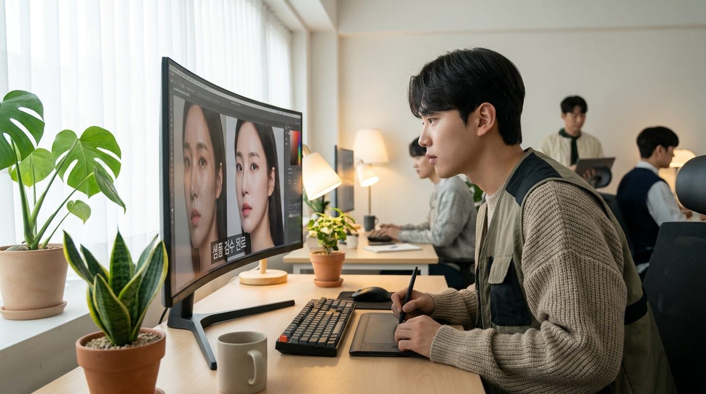 2026년 한국의 편집 스튜디오에서 AI 일괄 보정 후 샘플 검수를 꼼꼼히 하는 사진 편집자의 근접 촬영