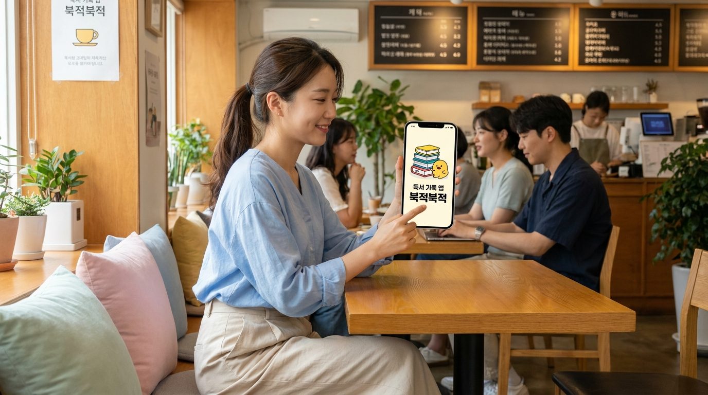 독서 기록 앱 비교: 카페에서 스마트폰으로 북적북적 앱을 사용하는 밝고 편안한 모습의 한국 여성