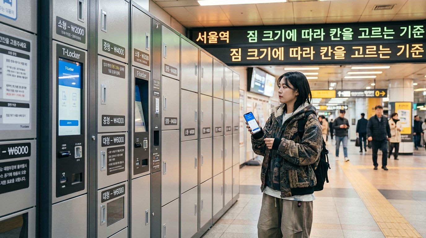 서울 지하철역 T라커 보관함 크기별로 정리된 모습과 여행객