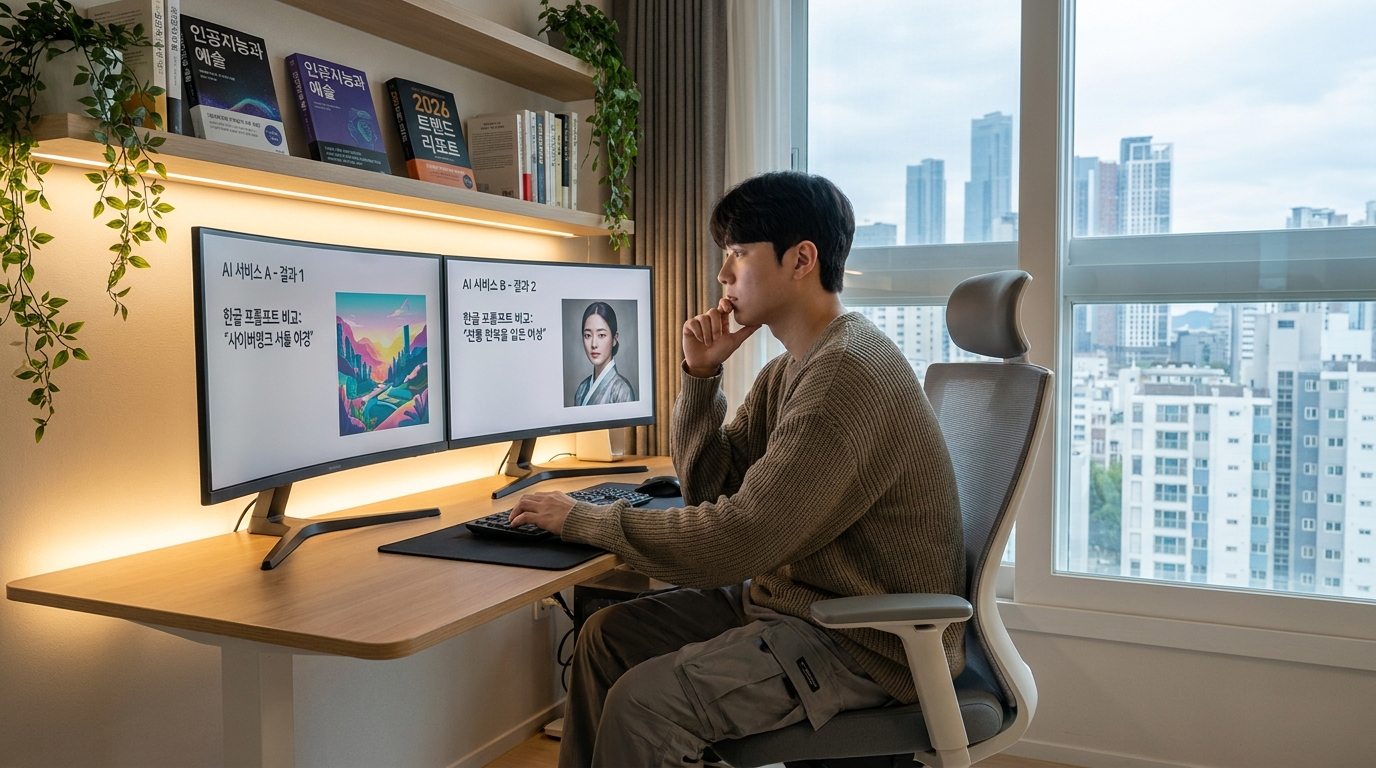 AI 이미지 서비스를 비교하며 한글 프롬프트를 테스트하는 한국 디지털 크리에이터의 실사 이미지