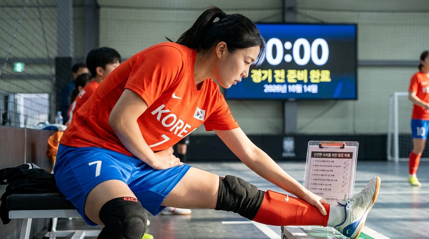 경기 전 점검 목록을 확인하며 준비하고 있는 한국 여성 풋살 수비수의 모습 연출 이미지