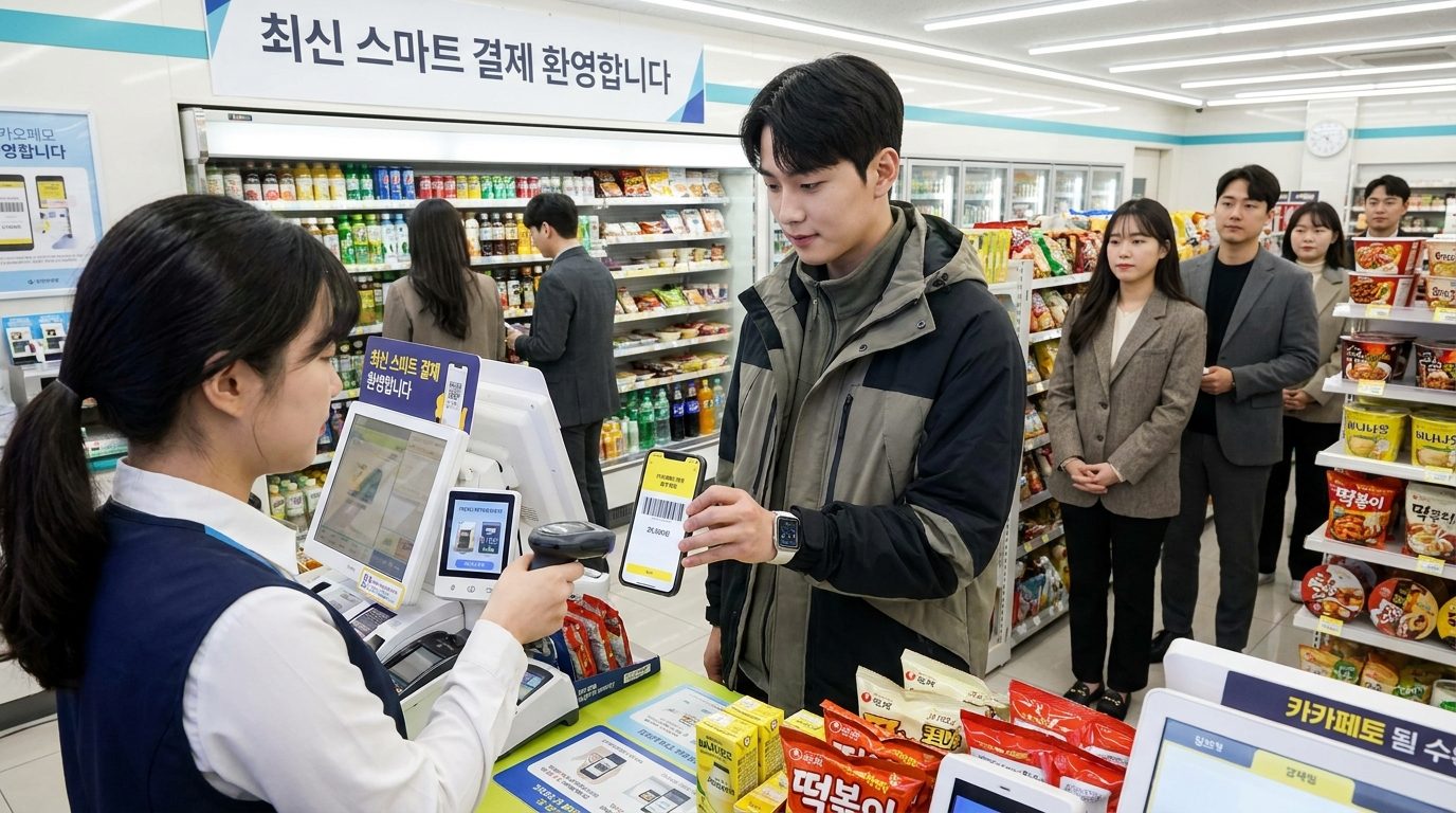 대한민국 편의점 계산대에서 젊은 남성이 카카오페이 바코드로 결제하는 모습의 실사 이미지