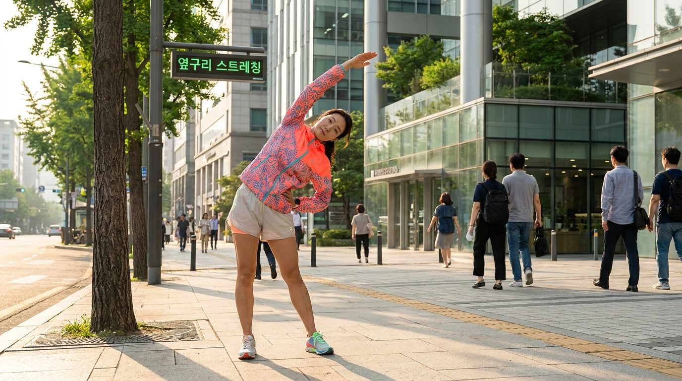 옆구리 통증을 완화하기 위해 스트레칭하는 한국인 러너