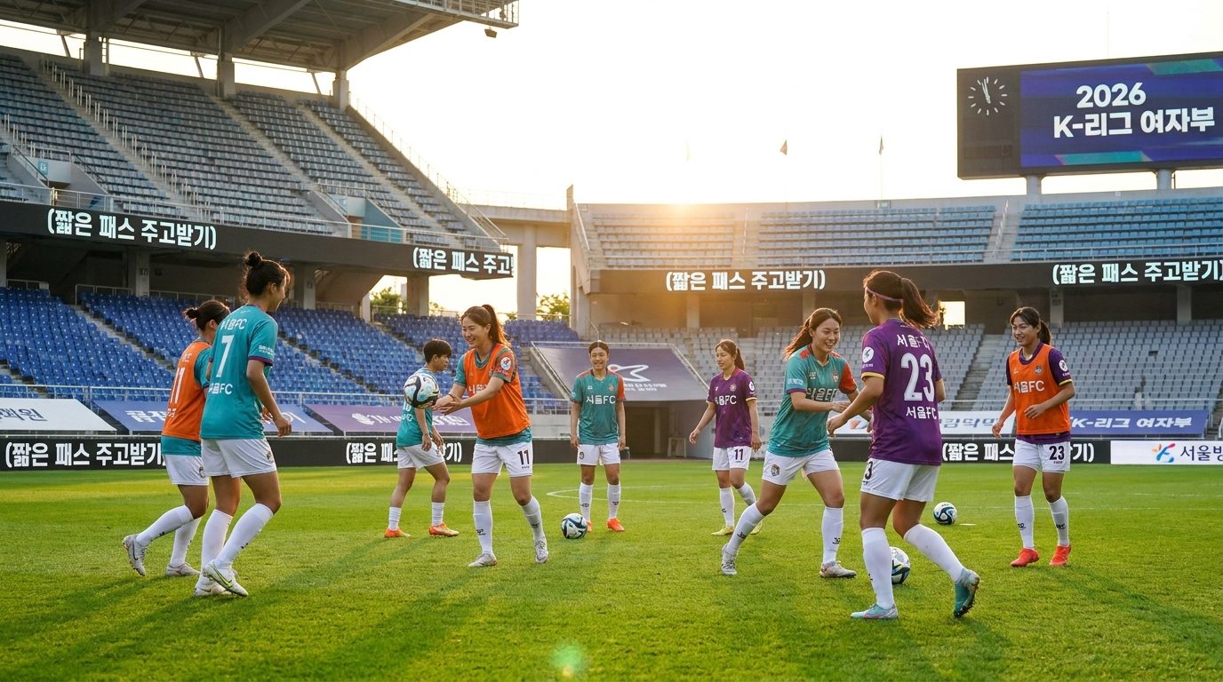여성 축구팀이 오후 햇살 아래 잔디 밭에서 공을 가볍게 패스하며 마지막 웜업을 하는 모습