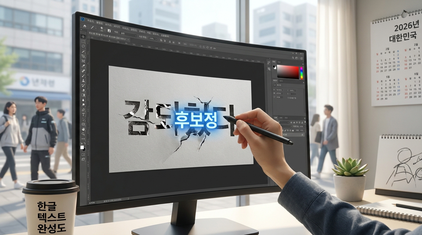 그래픽 디자인 스튜디오에서 한글 텍스트 후보정을 하는 모습의 선명한 실사사진