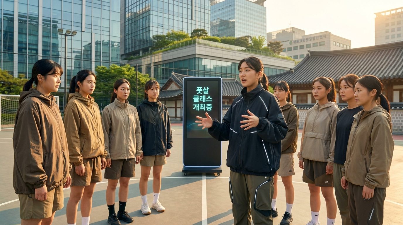 한국 도시의 현대적 풋살 코칭 클래스 진행 장면