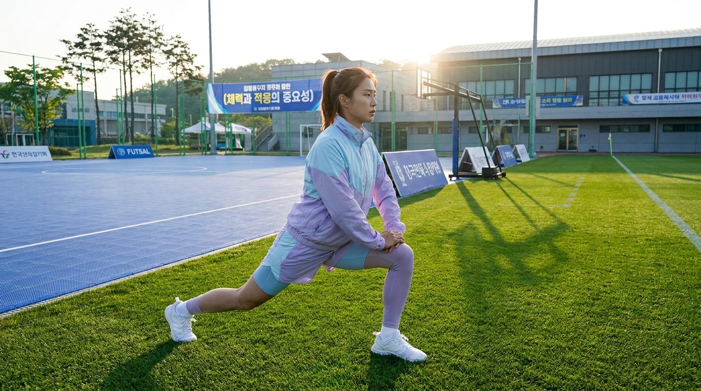 풋살과 11인조 축구 전 환동작 준비하는 여성 선수 모습