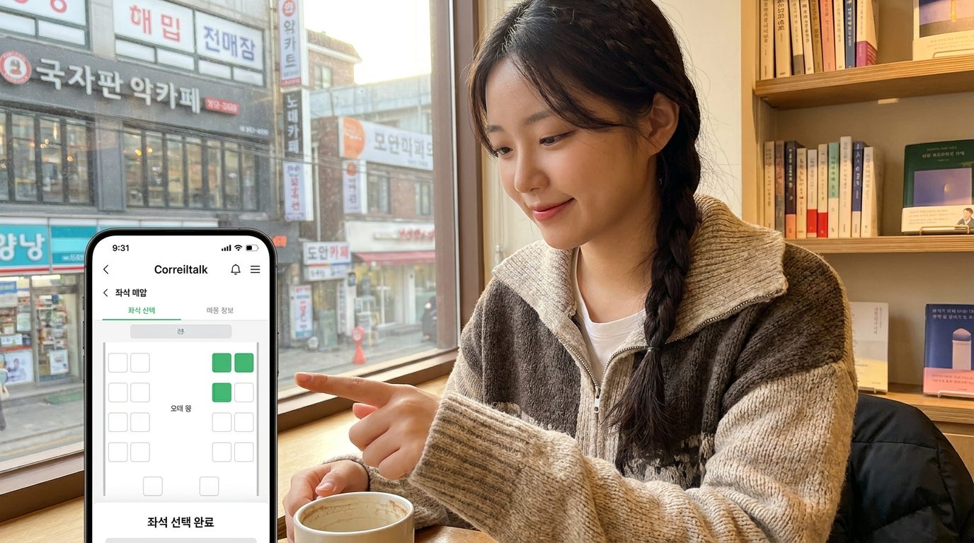 카페에서 코레일톡 앱으로 좌석 선택 중인 젊은 한국 여성의 클로즈업