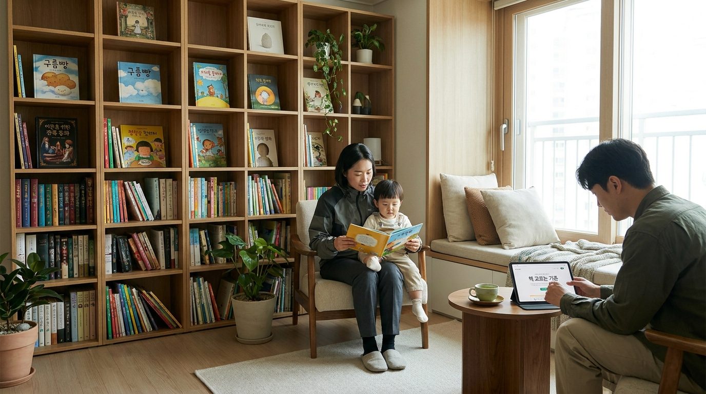 한국 가정의 가족 독서 문화를 보여주는 책장과 독서 공간 모습
