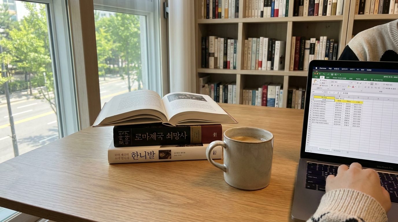 한국 가정 서재 책상 위에 고전 로마 역사 도서들과 커피, 노트북이 놓여 있는 모습