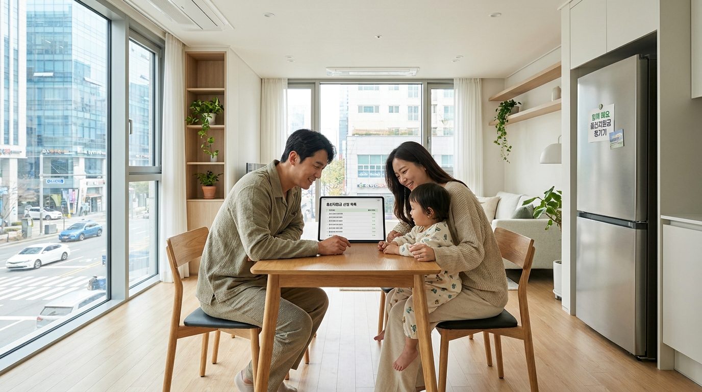 현대 한국 가정에서 가족이 함께 출산지원금 신청 목록을 검토하는 따뜻한 모습
