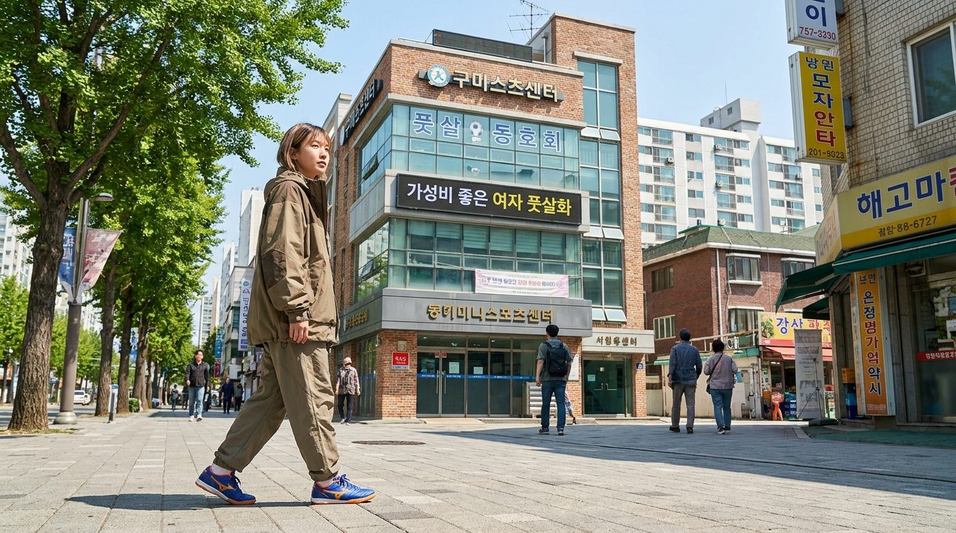 한국의 풋살 동호회 건물 앞을 걷는 2030 여성