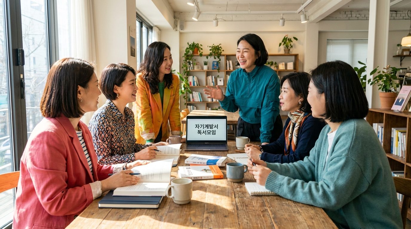 자기계발모임 실천 인증 미션: 자기계발서 독서모임에서 화기애애하게 토론하는 다양한 한국 여성들 모습